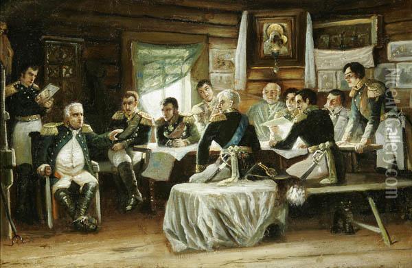 Russian Generals At The Conference Of Fili Deciding To Surrender Moscow To Napoleon Oil Painting - Aleksei Danilovich Kivshenko