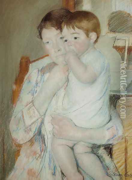 Mother and Child Against a Green Background or Maternity Oil Painting - Mary Cassatt