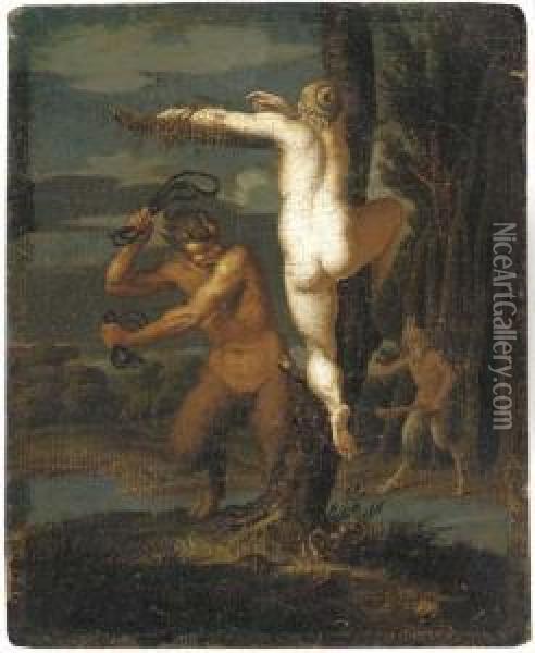 A Satyr Flogging A Nymph Oil Painting - Agostino Carracci