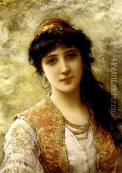 A Young Beauty In An Embroidered Vest Oil Painting - Emile Eisman-Semenowsky