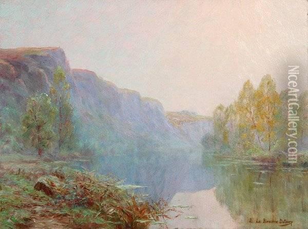 View Of Lake At Dawn Oil Painting - Emile Le Bienvenu-Dutourp