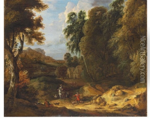 A Hunting Party In A Wooded Landscape Oil Painting - Adriaen Frans Boudewyns the Elder