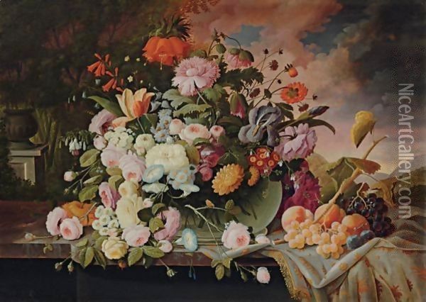 Still Life With Flowers And Fruit In A Landscape Oil Painting - Severin Roesen