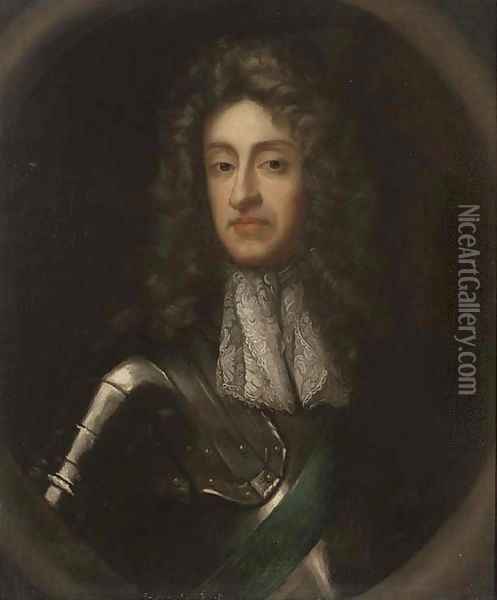 Portrait of James II (1633-1701), half-length, in armour, sculpted cartouche Oil Painting - Sir Godfrey Kneller