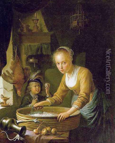 Girl Chopping Onions Oil Painting - Gerrit Dou