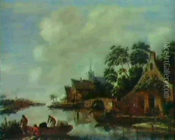 Belebte Flusslandschaft Mit Anlegenden Booten Oil Painting - Thomas Heeremans