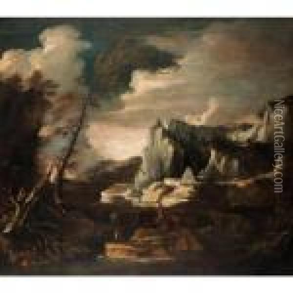 Extensive River Landscape With Fishermen In The Foreground, A Pyramid Beyond Oil Painting - Salvator Rosa