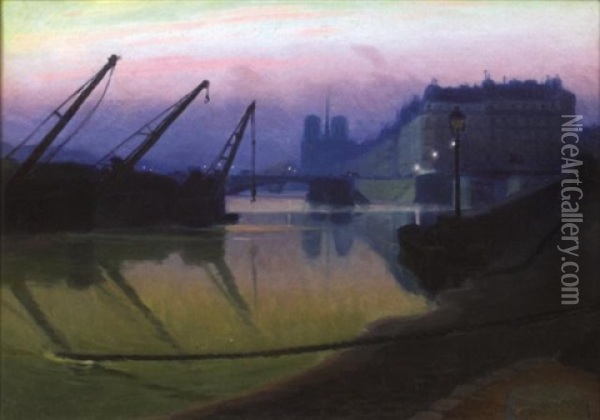 Paris, Notre-dame Et La Seine Au Crepuscule Oil Painting - Charles Victor Guilloux