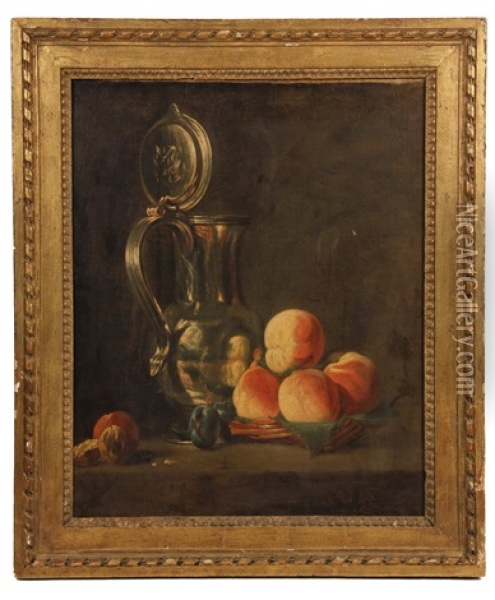 Still Life With Pewter Jug & Peaches Oil Painting - Jean-Baptiste-Simeon Chardin