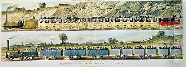 Travelling on the Liverpool and Manchester Railway A Train of the First Class of Carriages with the Mail, and A Train of the Second Class for Outside Passengers, engraved by S.G. Hughes, pub. by R. Ackermann, 1831 Oil Painting - Isaac Shaw
