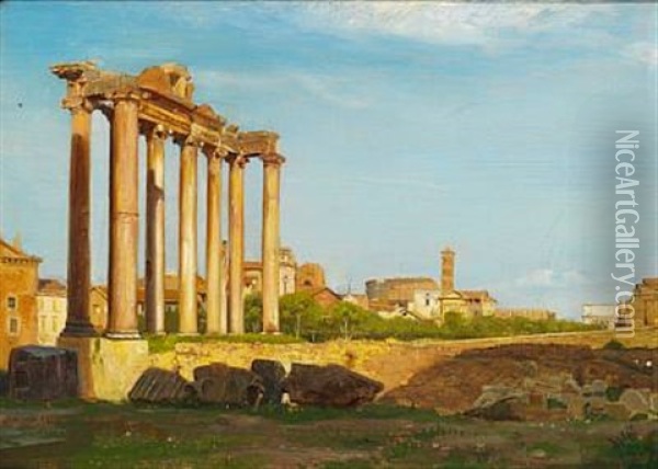View Of The Forum Romanum In Rome. To The Left In The Foreground The Temple Of Saturn. In The Background The Colosseum, The Campanile Of The Basilica Di Francesca Romana And The Arch Of Titus Oil Painting - Carl Heinrich Bloch