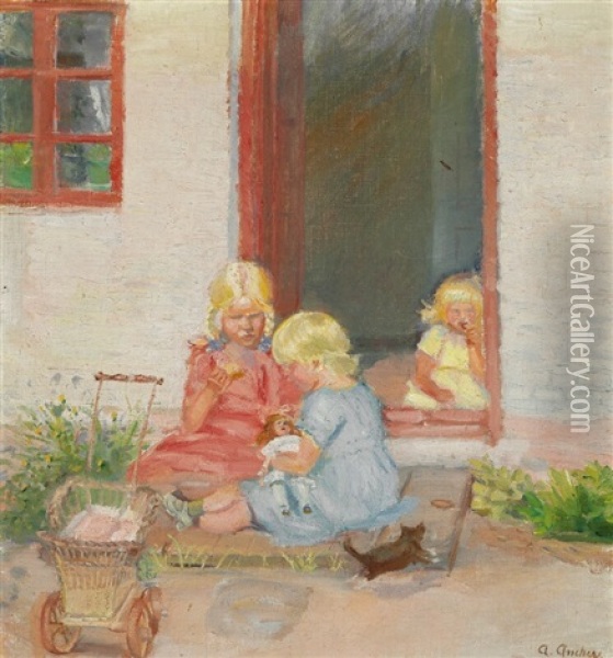 Three Little Girls Johanne, Lilly And Karen Playing In The Doorway Oil Painting - Anna Kirstine Ancher