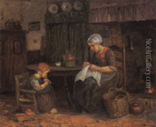 A Mother Sewing And A Child Playing With Her Doll Oil Painting - Jules Eduard Mendes