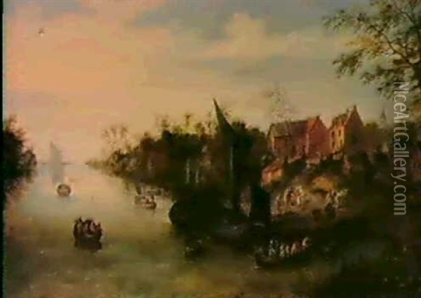 A River Landscape With Boats Near A Village Oil Painting - Theobald Michau