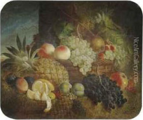Pineapples, White Grapes, Black Grapes, Cherries, Peaches, Apples, Plums, White Currants, Red Currants, Strawberries, A Pear And An Orange, Arranged In Baskets On A Hay Stack Oil Painting - William Stuart