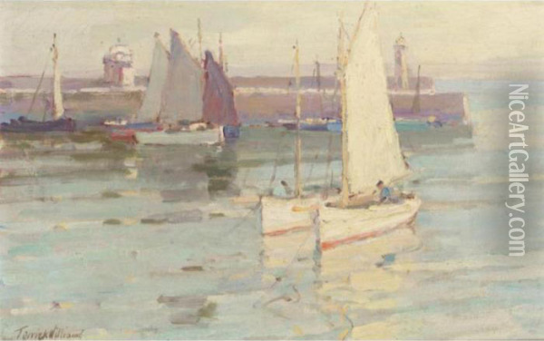 Sailing Boats By A Jetty Oil Painting - Terrick John Williams