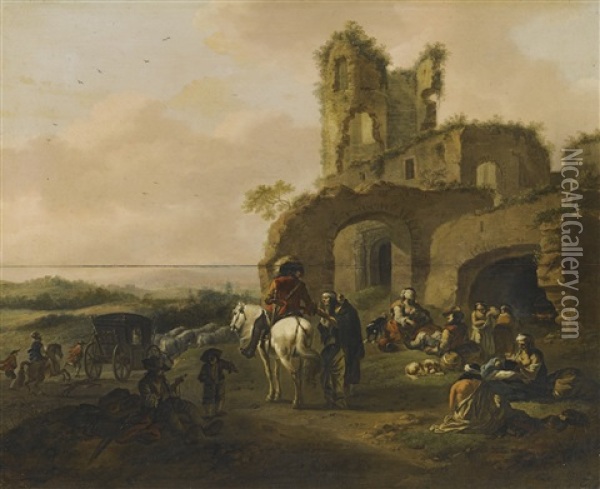 An Italianate Landscape With Travellers Resting Beside Ruins Oil Painting - Pieter Jacobsz. van Laer