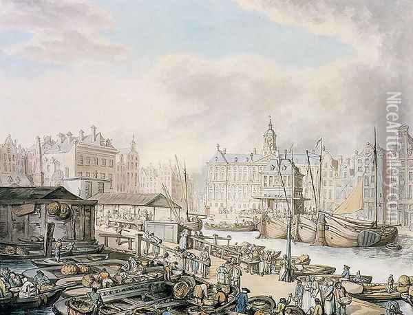Feyge Dam and Part of the Fish Market, Amsterdam, c.1794 Oil Painting - Thomas Rowlandson
