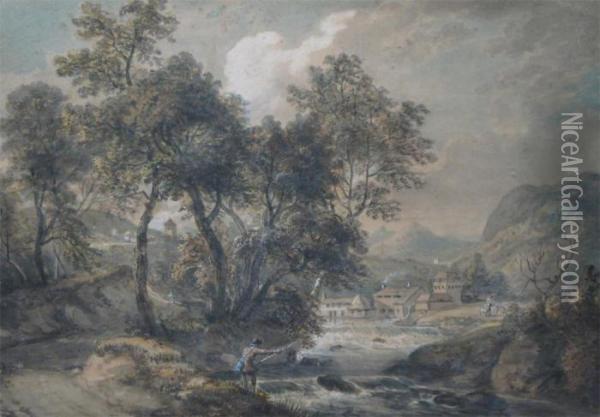 A Fisherman In A River Landscape A Village Beyond Oil Painting - Paul Sandby