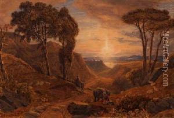 Travellers In An Arcadian Landscape Oil Painting - George Jnr Barrett