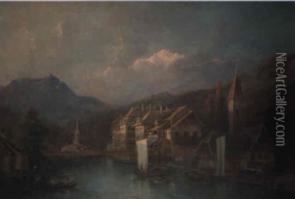 Blick Von Der Oberen Schleuse Auf Thun, Rechts Der Pulverturm Oil Painting - Hermann Ludwig Seefisch