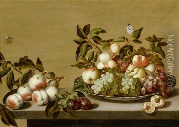 Fruit Still Life In A Porcelain Bowl On A Table With Insects. Oil Painting - Bartholomeus Assteyn