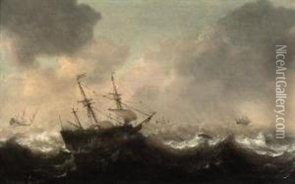 A Frigate And Other Ships In Choppy Waters, A Whale Nearby Oil Painting - Hendrick Staets
