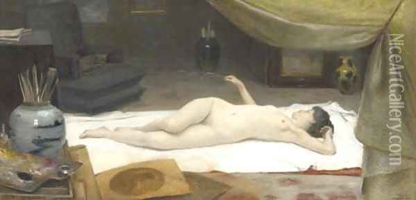 A Reclining Nude in a Studio Oil Painting - Christian Clausen