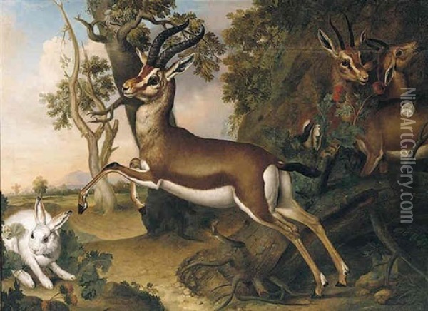 Antelope With A Hare In A Landscape Oil Painting - Philipp Ferdinand de Hamilton