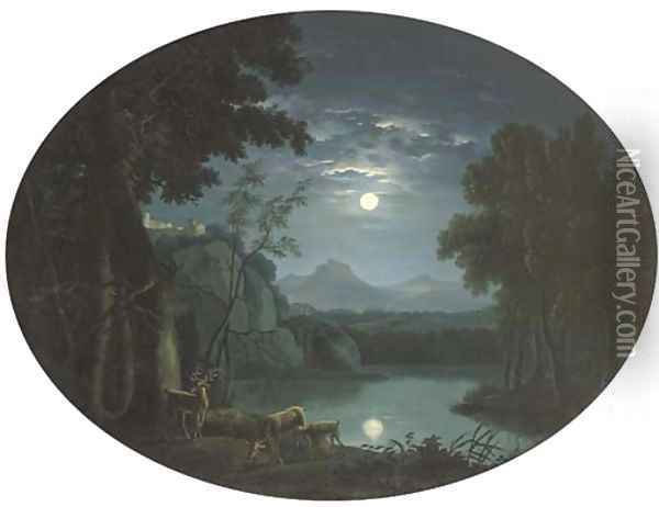 A moonlit landscape with deer by a lake, a hilltop castle beyond Oil Painting - Carlo Labruzzi