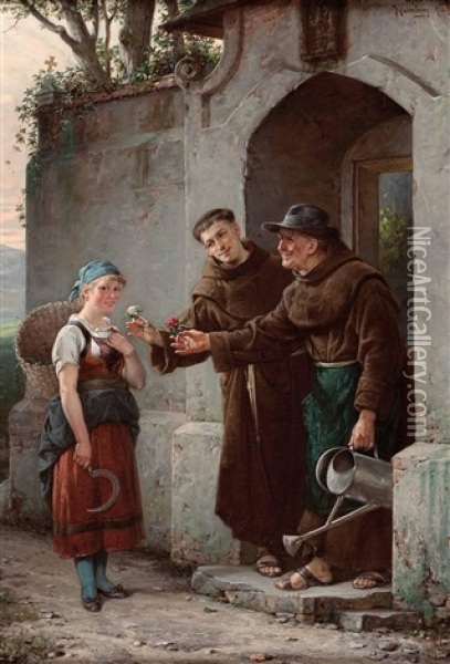 Eine Begegnung An Der Klosterpforte Der Franziskaner Oil Painting - Adolf Humborg