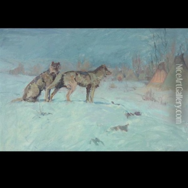 Wolves Stalking Indian Encampment Oil Painting - Elling William Gollings