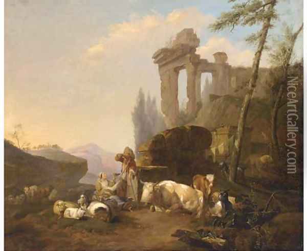A classical landscape with a herdsman and his family resting by a fountain with their cattle and goats Oil Painting - Hendrik Mommers