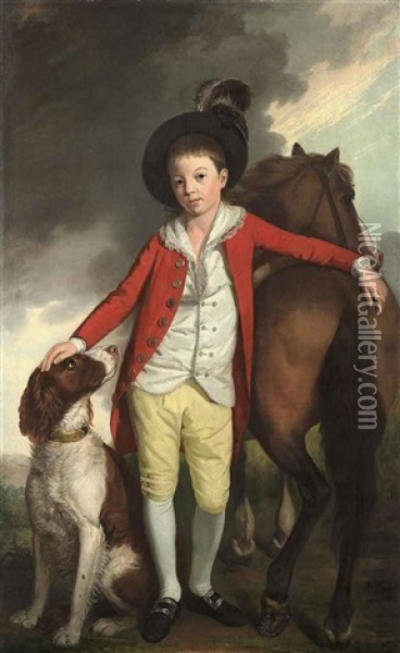 Portrait Of Boy (j. Langlands?) In A Red Coat, White Waistcoat, Yellow Breeches, Silver-buckled Shoes And A Feathered Hat Oil Painting - William Bell