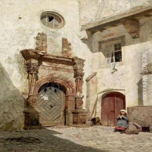 Girl At A Gate In An Italian Courtyard Oil Painting - C. Schuster