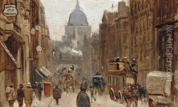 St. Paul's Cathedral Viewed From Fleet Street, London Oil Painting - George Hyde Pownall