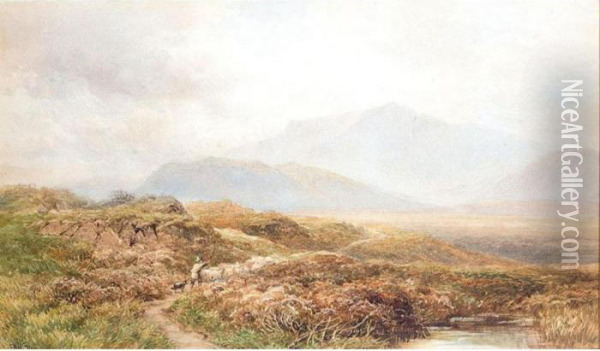 Shepherd And His Flock In A Highland Landscape Oil Painting - Edmund Morison Wimperis
