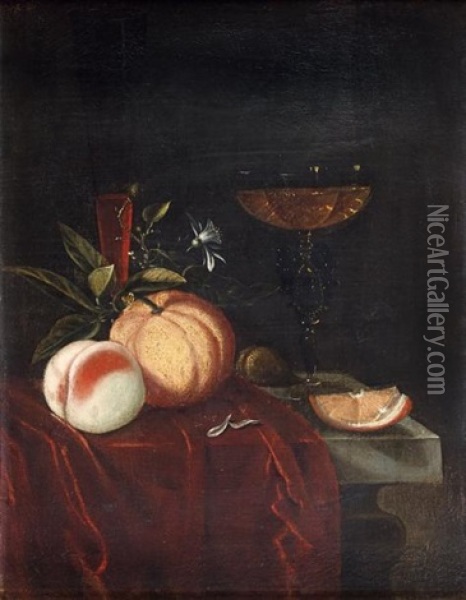 Nature Morte Au Verre De Venise, Peche Et Orange Disposes Sur Un Entablement Oil Painting - Juriaen van Streeck