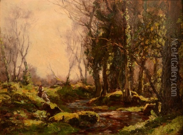 Figures By A Wooded Stream Oil Painting - John Noble Barlow