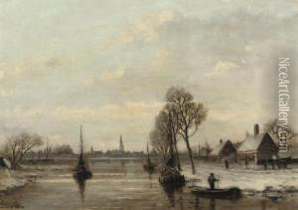 Boats On A River In Winter Oil Painting - Adriaan Marinus Geijp