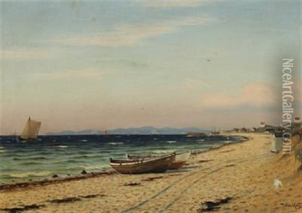 Beach Scenery With Numerous Ships On The Horizon Oil Painting - Johan Jens Neumann