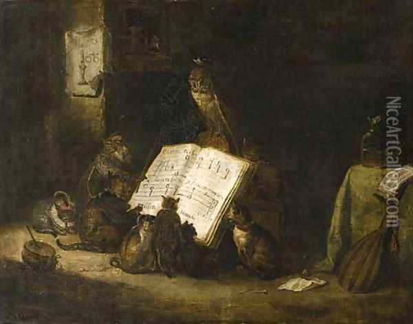 Cats singing from a music score with a monkey and an owl seated nearby, in an interior Oil Painting - Cornelis Saftleven