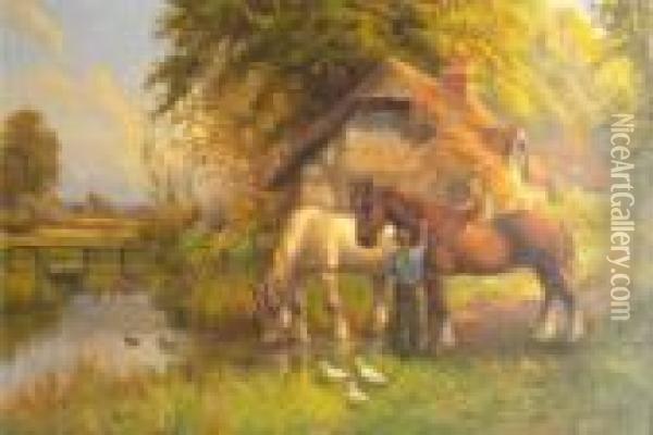 A Man With A Child On Horseback With Another Horse Watering Oil Painting - Arthur Stanley Wilkinson
