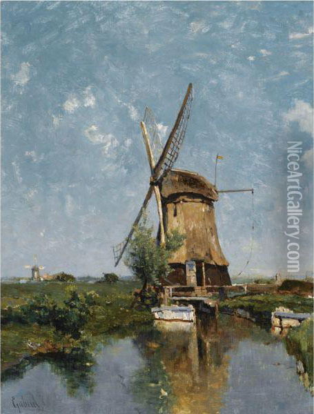 A Mill In A Polder Landscape Oil Painting - Paul Joseph Constantine Gabriel