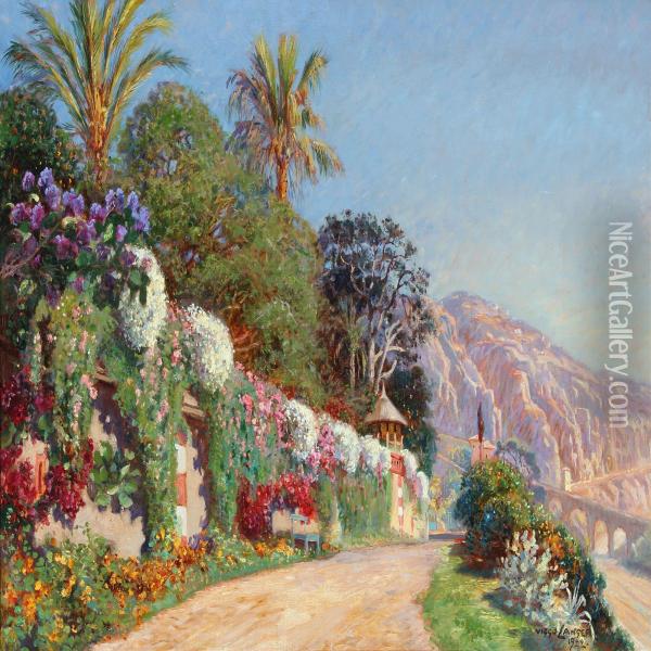 Southern Mountain Landscape With Colorful Flowers And Palms Oil Painting - Olaf Viggo Peter Langer