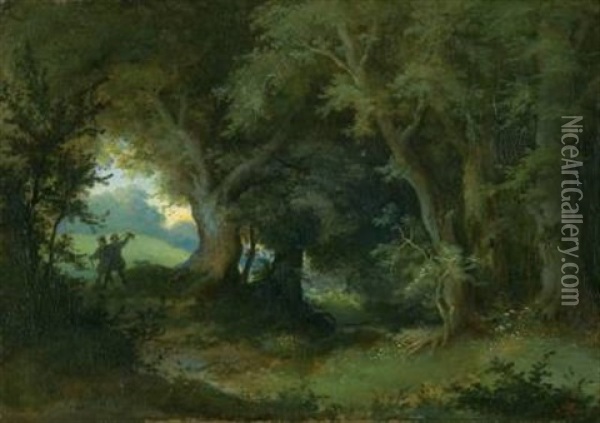 Zwei Wanderer In Waldiger Landschaft Oil Painting - Heinrich Woldemar Rau