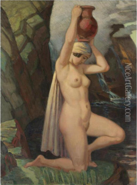Kniende Mit Krug (kneeling Nude With Urn) Oil Painting - Ludwig Von Hofmann