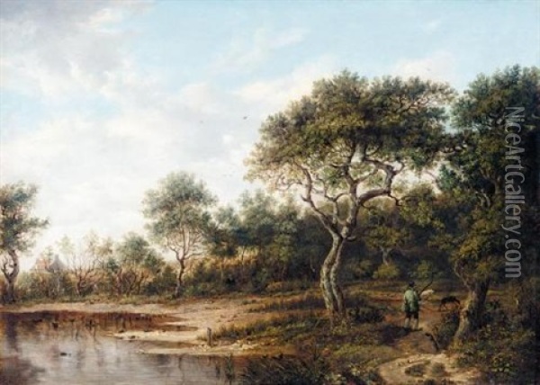 A Wooded Landscape With A Gentleman Out Shooting Oil Painting - Patrick Nasmyth