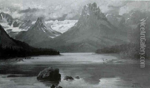 Deer In A Mountain Lake Oil Painting - John Fery