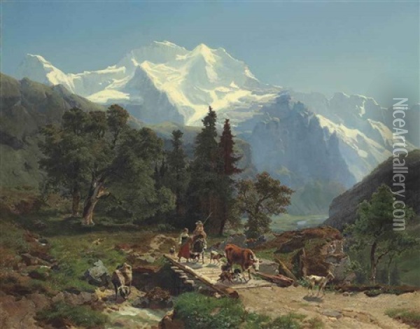 Drovers On A Bridge In An Alpine Landscape Oil Painting - Carl Schweich
